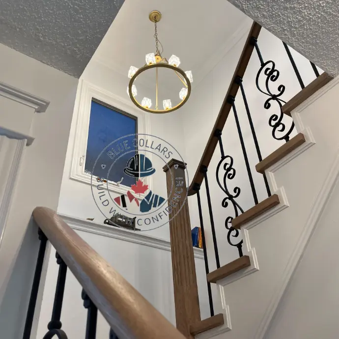 New stairs and Handrails installed Affordable, Top rated, trusted, luxury contractor in Toronto, Mississauga, Oakville, Milton, Vaughan, Kitchener, Guelph, Burlington, Brampton, Caledon, Hamilton,  Etobicoke, Brantford, Paris,- Blue Collars