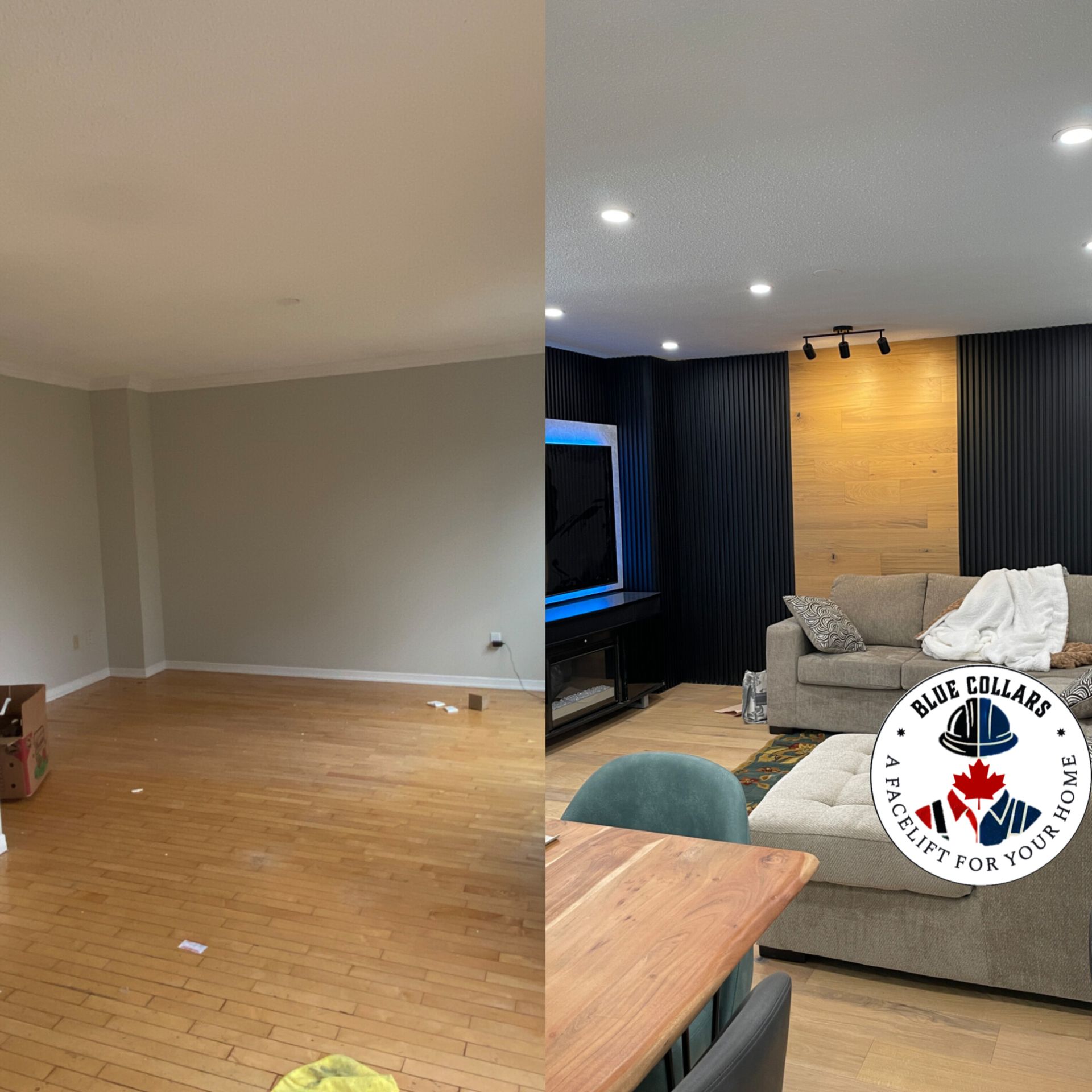 Custom TV media wall before and After, Brampton
